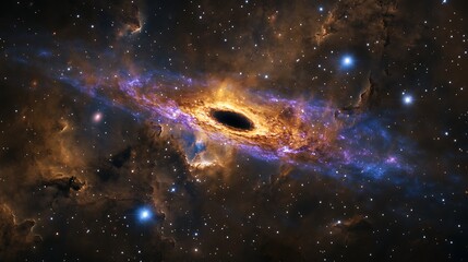 Black hole surrounded by a vibrant spiral galaxy and cosmic nebulae with scattered stars.