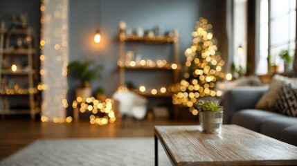 Cozy Living Room With Christmas Fairy Lights and Coffee Table Featuring Open Space in the Foreground