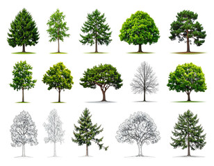 Fototapeta premium Assorted tree illustrations showcasing diverse shapes, foliage, and artistic styles