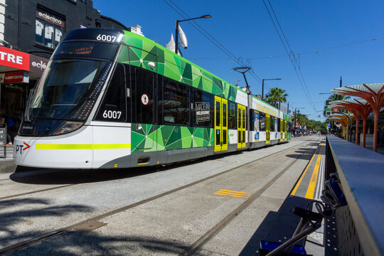 MELBOURNE, VICTORIA, AUSTRALIA - December 23, 2018: Modern E-Class Tram at Acland Street Terminus in St Kilda