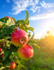 Ripe Apples on a Branch in Orchard with Sunlight.
