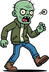 Funny cartoon zombie character walking with popping eyeball representing humorous undead design, Halloween illustration, spooky animation and quirky monster artwork concept