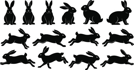 Silhouette collection of rabbits in sitting and running poses, jumping bunny animal vector set for nature, wildlife, Easter and design illustration