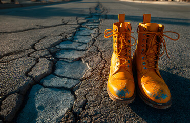 yellow boots on the road