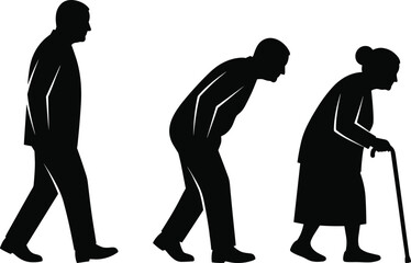 Silhouette progression of aging from adult to elderly showing physical decline, mobility difficulty, senior support needs and human lifespan transition concept illustration