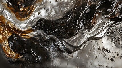 Abstract metallic fluid background with swirling gold, black, and silver liquid texture, dynamic glossy paint art surface.