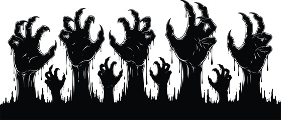 Fototapeta premium Silhouette zombie hands rising from ground with dripping texture representing horror attack scene, Halloween illustration, undead creatures and scary spooky artwork design