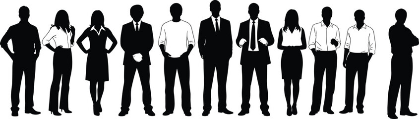 Silhouettes of diverse business people standing together in professional attire, teamwork leadership office staff illustration for corporate and workplace design