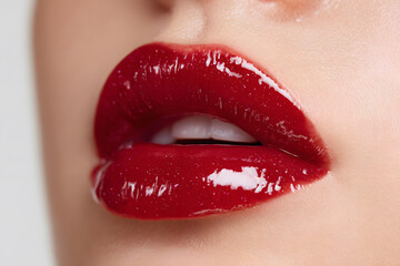 Obraz premium Glossy red lips highlighted in a close-up beauty shot with smooth shine and rich color