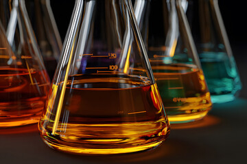 Colorful liquids in laboratory glassware showcasing chemistry experiments in a scientific setup