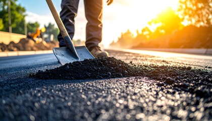 Road Construction - Asphalt Spreading with Shovel on Sunny Day.