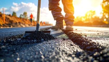 Road Construction - Asphalt Paving and Compaction with Broom.
