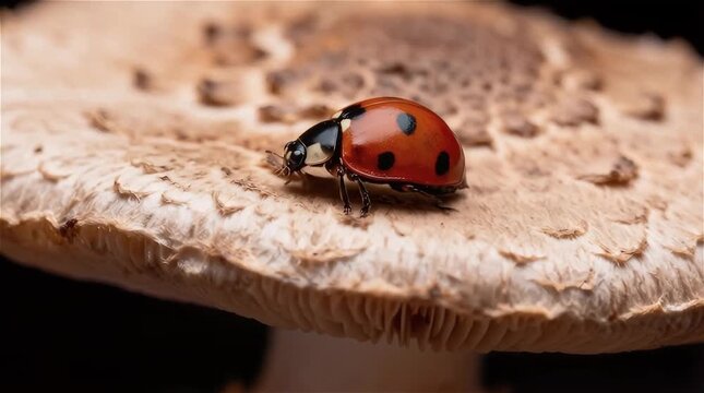 Fotografía macro de una mariquita caminando sobre la piel de un hongo