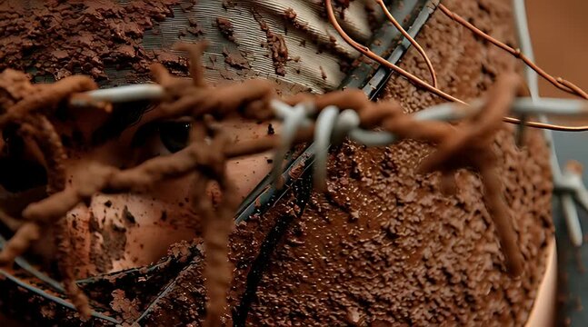 Extreme close up of soldier eyes covered in mud staring through rusty barbed wire during combat training