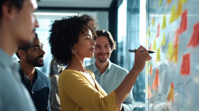 Brainstorming Diverse Team Collaboration Ideas On Whiteboard With Sticky Notes