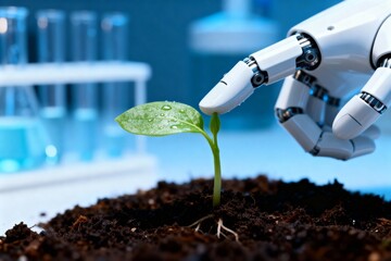 Robotic hand touching green plant seedling in soil in laboratory, sustainable technology concept, generative AI