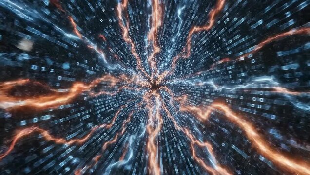 Abstract Digital Energy Explosion With Orange Lightning Streaks Over Blue Binary Code Matrix Background