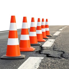 Road Work Ahead - Traffic Cones on Damaged Asphalt Surface.