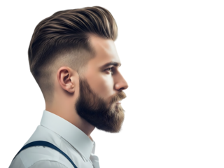 Stylish man with a modern beard and haircut in a white shirt and suspenders against a black background