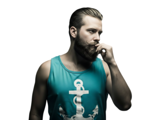 Thoughtful bearded man wearing a teal tank top with an anchor graphic against a dark background