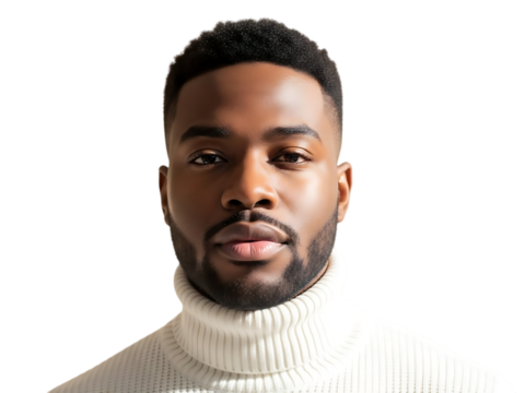 Close up portrait of a confident young black man with short hair and a beard wearing a white turtleneck sweater against a black background - Powered by Adobe