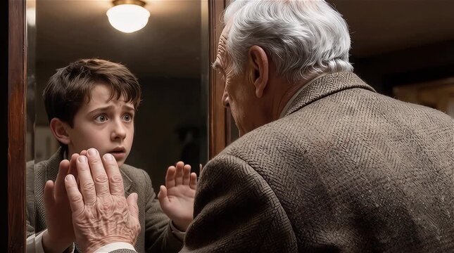 Un anciano mirándose al espejo donde ve su yo de niño