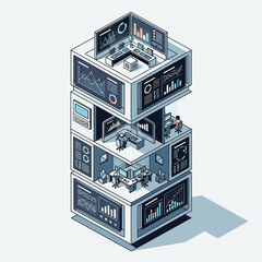 Obraz premium Isometric illustration of a data center with multiple levels, showcasing data analysis and technology.