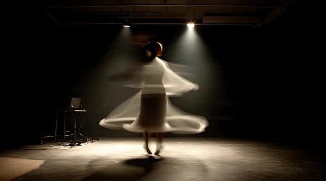 Female dancer spinning in white dress with motion blur effect under stage lights resembling Whirling Dervish performance