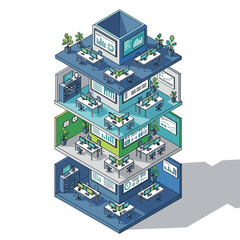 Isometric illustration of a multi-story modern office building with data analysis workstations and green plants.