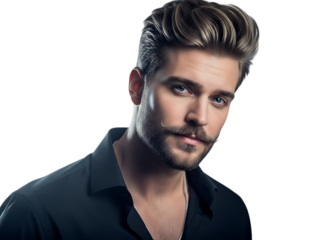Stylish young man with beard and mustache wearing a black shirt against a dark background
