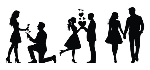 Obraz premium Romantic couple silhouette, Romantic Silhouetto of a Man Proposing to a Woman, Proposal couple silhouette, A couple holding hands and walking, romantic proposal scene, Vector illustration