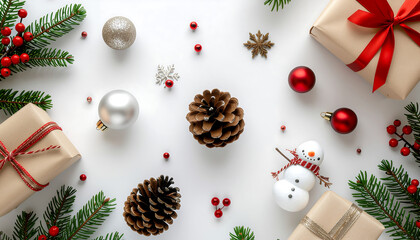 Overhead view of a merry christmas arrangement with gifts, pinecones, and ornaments on a white background.