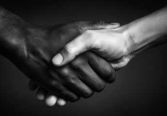 Black and white close-up of two hands holding each other, showing the detailed texture of the skin and fingers in a simple, intimate gesture captured against a dark, neutral background.