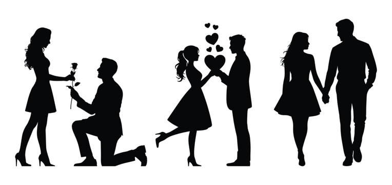 Romantic couple silhouette, Romantic Silhouetto of a Man Proposing to a Woman, Proposal couple silhouette, A couple holding hands and walking, romantic proposal scene, Vector illustration