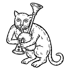 Medieval funny cat playing horn illustration – quirky music-playing feline, hand-drawn manuscript style, humorous vintage medieval animal art