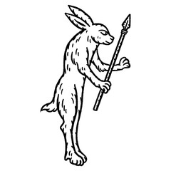 Medieval rabbit with spear illustration – whimsical bunny warrior in manuscript style, hand-drawn vintage line art, quirky historical fantasy creature drawing