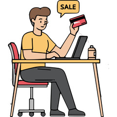 Man Sitting at Desk Shopping Online Holding Credit Card and Laptop with Sale Bubble Above Head and Coffee Cup Nearby