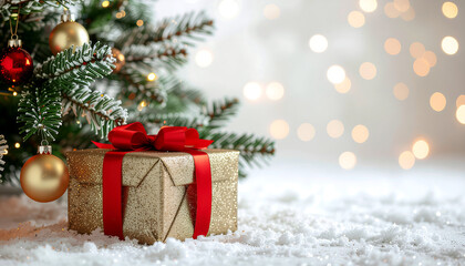 A wrapped gift box with a red ribbon sits under a Christmas tree with ornaments on a snowy floor with a bokeh background conveying a merry Christmas mood.