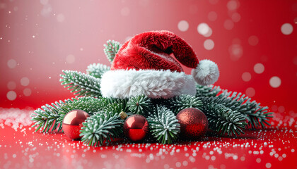 Close-up of a Santa hat on a pile of Christmas tree branches with ornaments on a red background with snowfall, conveying a merry Christmas mood with warm, festive tones.