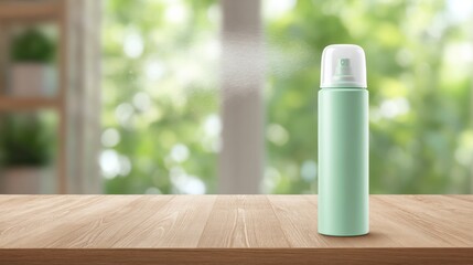 Flea Prevention Spray Standing on a Wooden Table With a Blurred Home Background and Light Coming Through the Windows