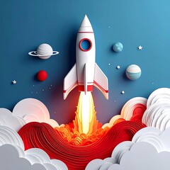 Rocket Launching into Space - A Colorful Paper Art Illustration.