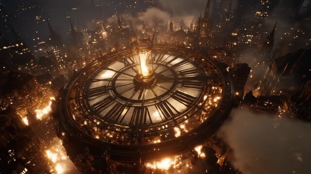 Giant ornate clock face amidst a burning, apocalyptic fantasy city, a dramatic scene of destruction and chaos