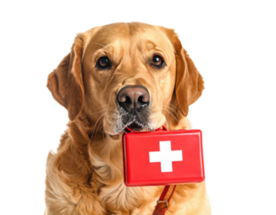 A golden retriever, holding a red first-aid kit, poses for the camera with a serious expression