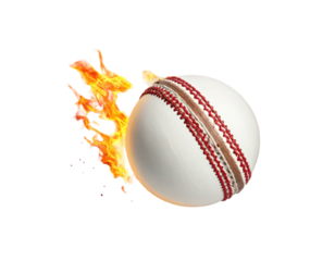 A burning cricket ball on a black background, with visible stitching