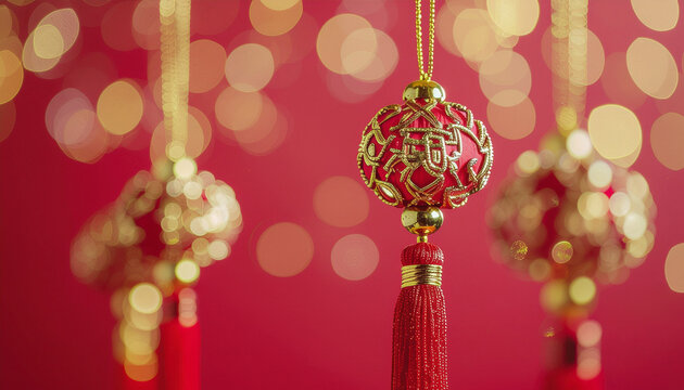 Chinese new year ornaments and festive red and gold bokeh perfect for holiday designs, greeting cards, festive backgrounds, and cultural celebrations