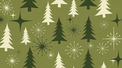 Obraz premium Retro Christmas trees paired with classic starbursts create a nostalgic holiday pattern ideal for vintage-themed winter designs, seasonal graphics, and charming festive print materials.