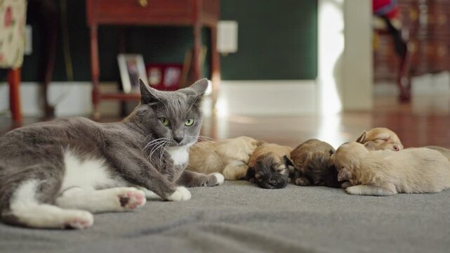 Grumpy grey cat lying beside a group of sleeping newborn puppies on a carpet indoors, funny pet interaction with contrasting moods