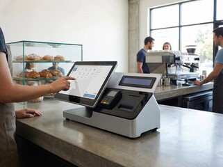Barista using modern touchscreen POS system to process orders in a trendy cafe.