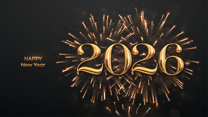 Happy New Year 2026. Golden 2026 numbers with sparkling fireworks and glowing bokeh lights on black background. Festive New Year celebration card, poster, party invitation design. Vector illustration.