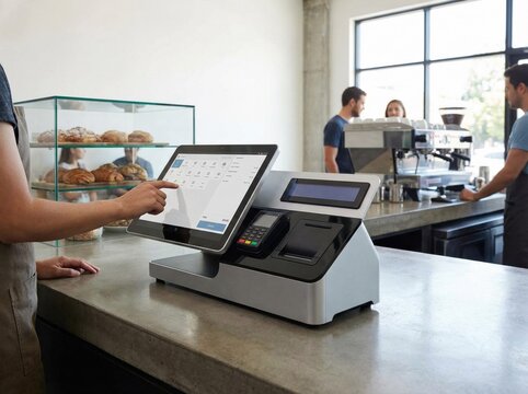 Barista using modern touchscreen POS system to process orders in a trendy cafe.